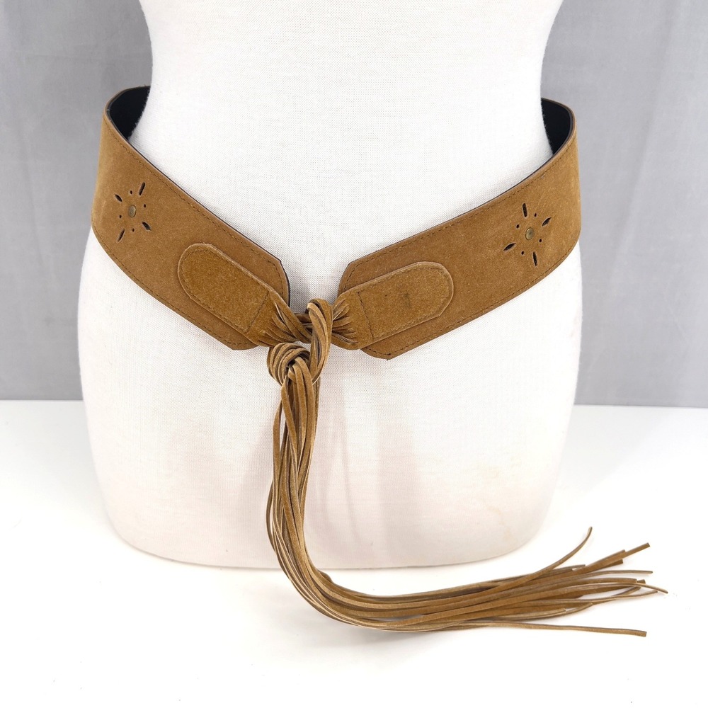 Women Wide Faux Suede Fringe Belt Tan Boho Western Coastal Cowgirl Hippy Vintage
